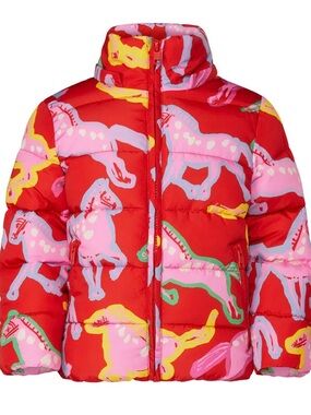 Stella McCartney Kids Red Painted Horses Print Puffer Jacket size 3 years